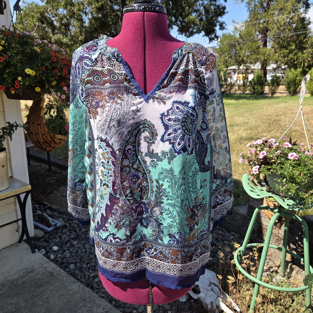 Bohemian Paisley V-Neck Blouse - Blue and Green. AACP